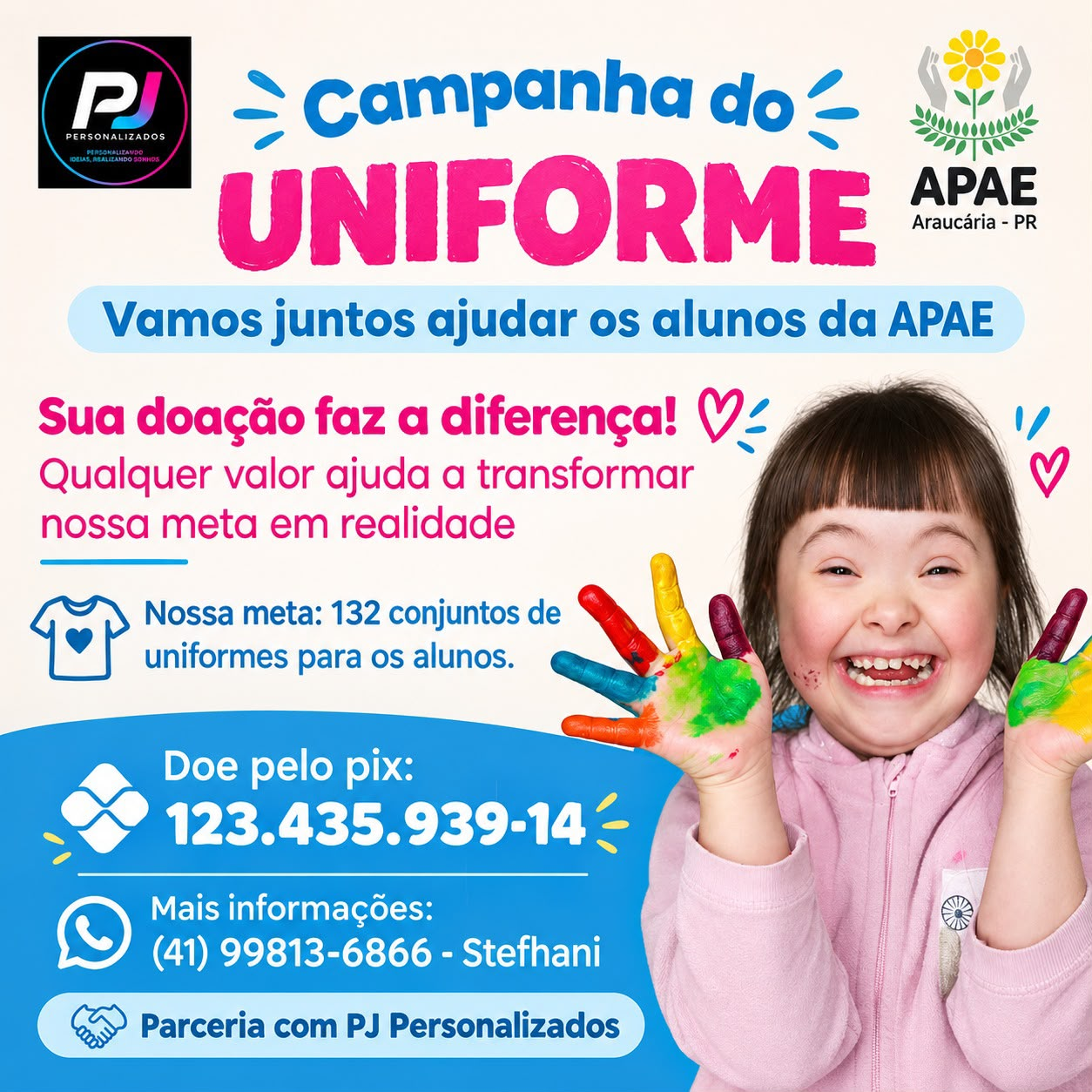 Cartaz da Campanha do Uniforme com a chave Pix e contato